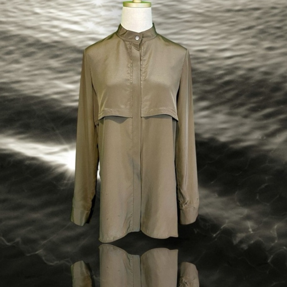 Vince Dark Olive 100% silk button front high snap neck long sleeve tunic